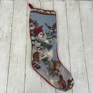Vtg Needlepoint Christmas Stocking Raccoon Chipmunk Bunny Snowman Velvet Back